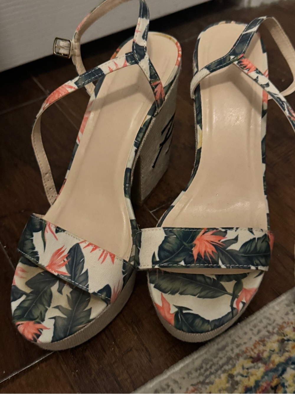 Floral Print Wedge Sandals - Beige with Green and Coral Accents